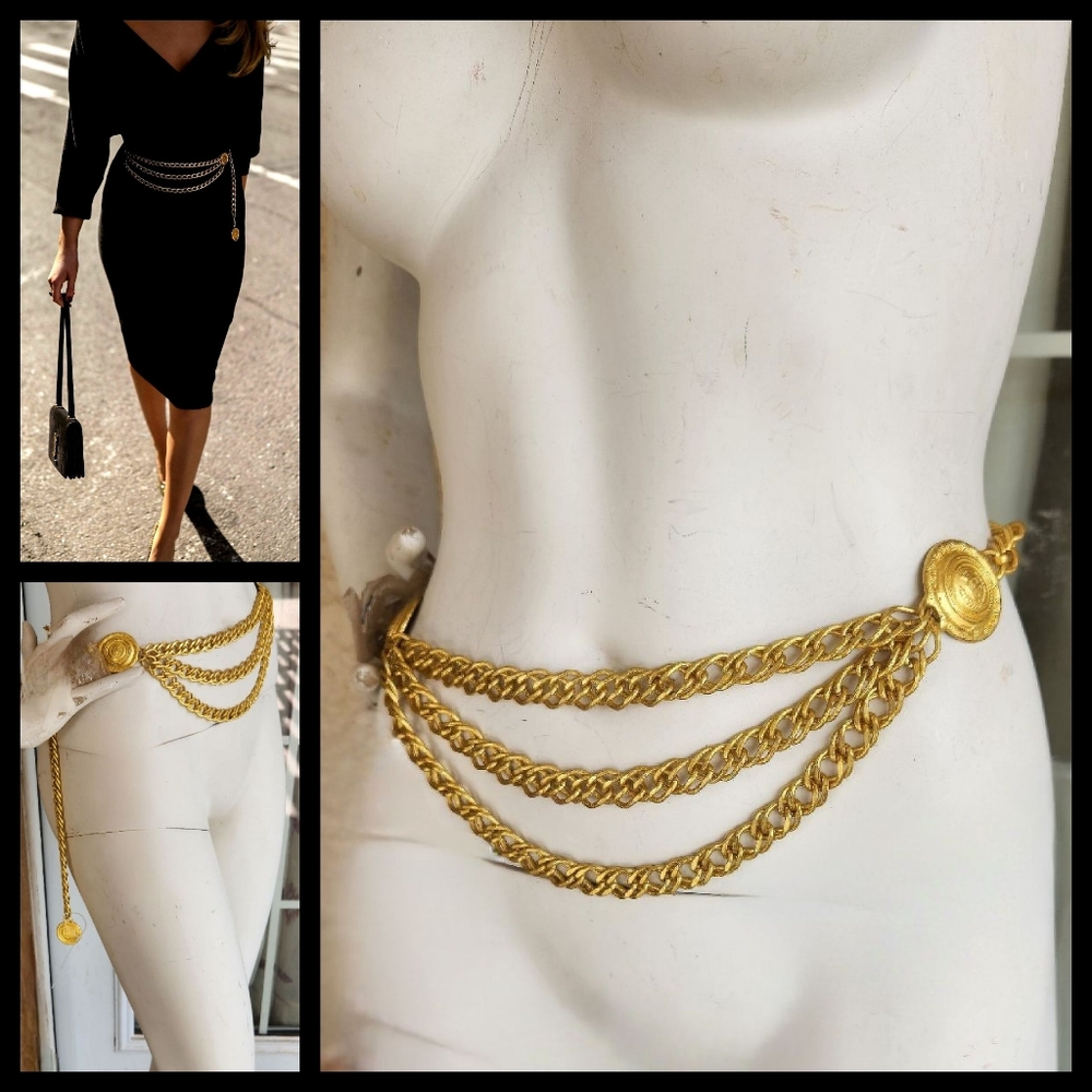 Gold Layered Chunky Chain and Diamante Chain Belt with Coin Drop Detail